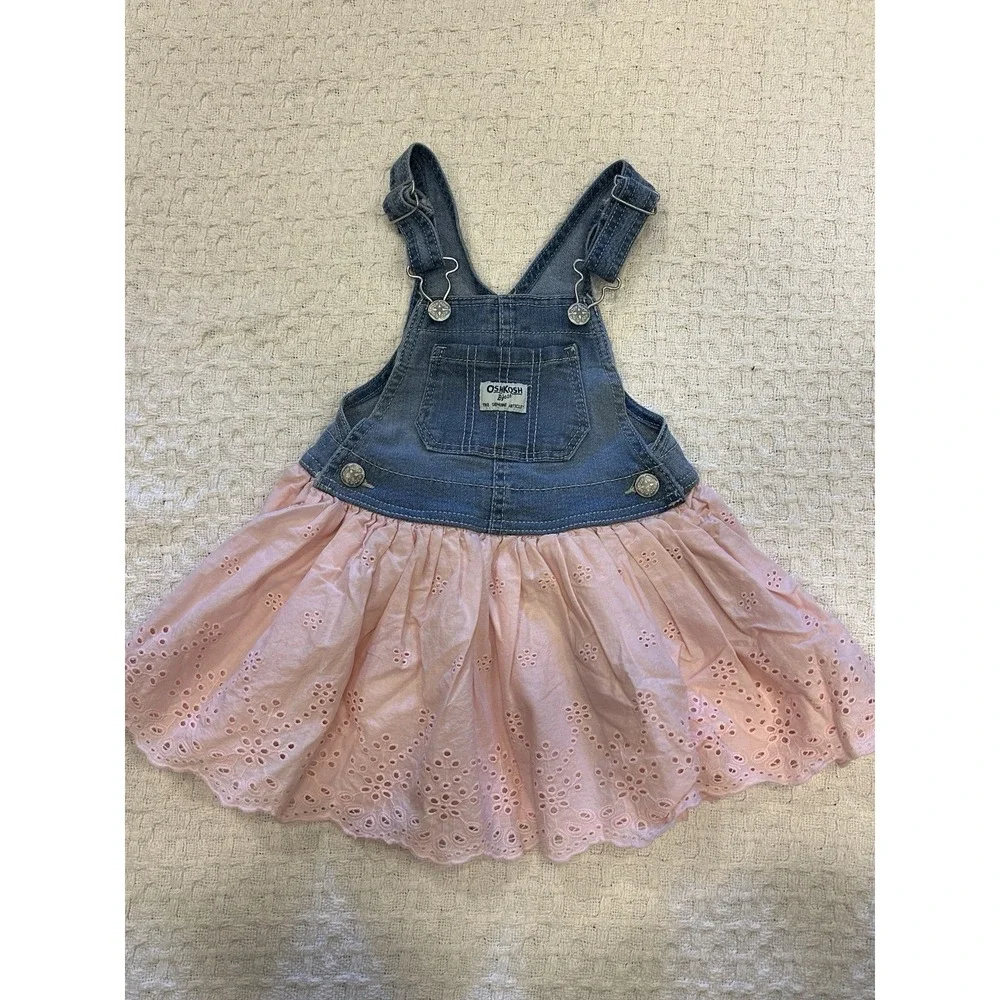 OshKosh B'gosh Toddler Girls Denim Eyelet‎ Skirtall Dress Size 2T Blue Pink